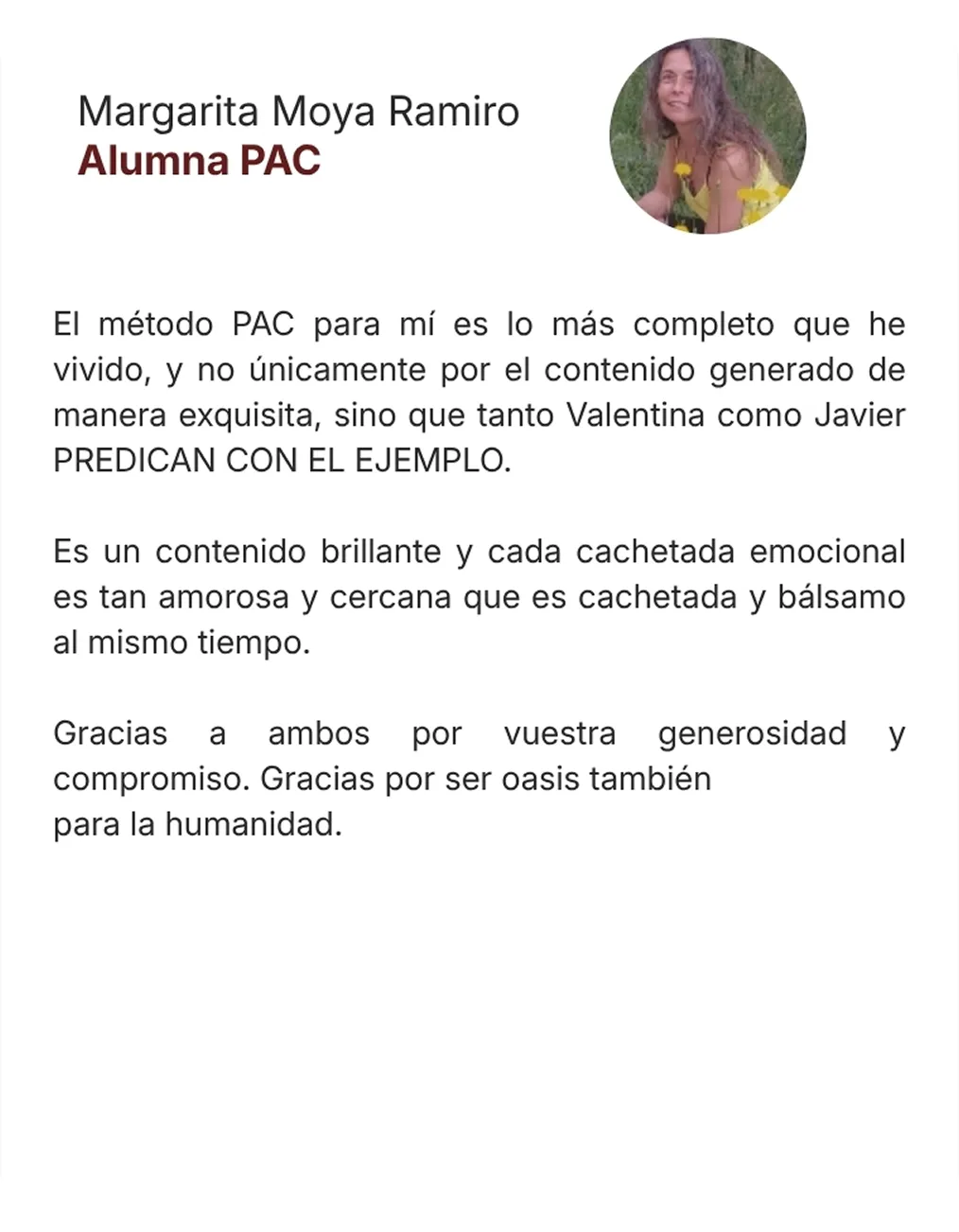 Testimonio de Margarita Moya Ramiro, alumna PAC